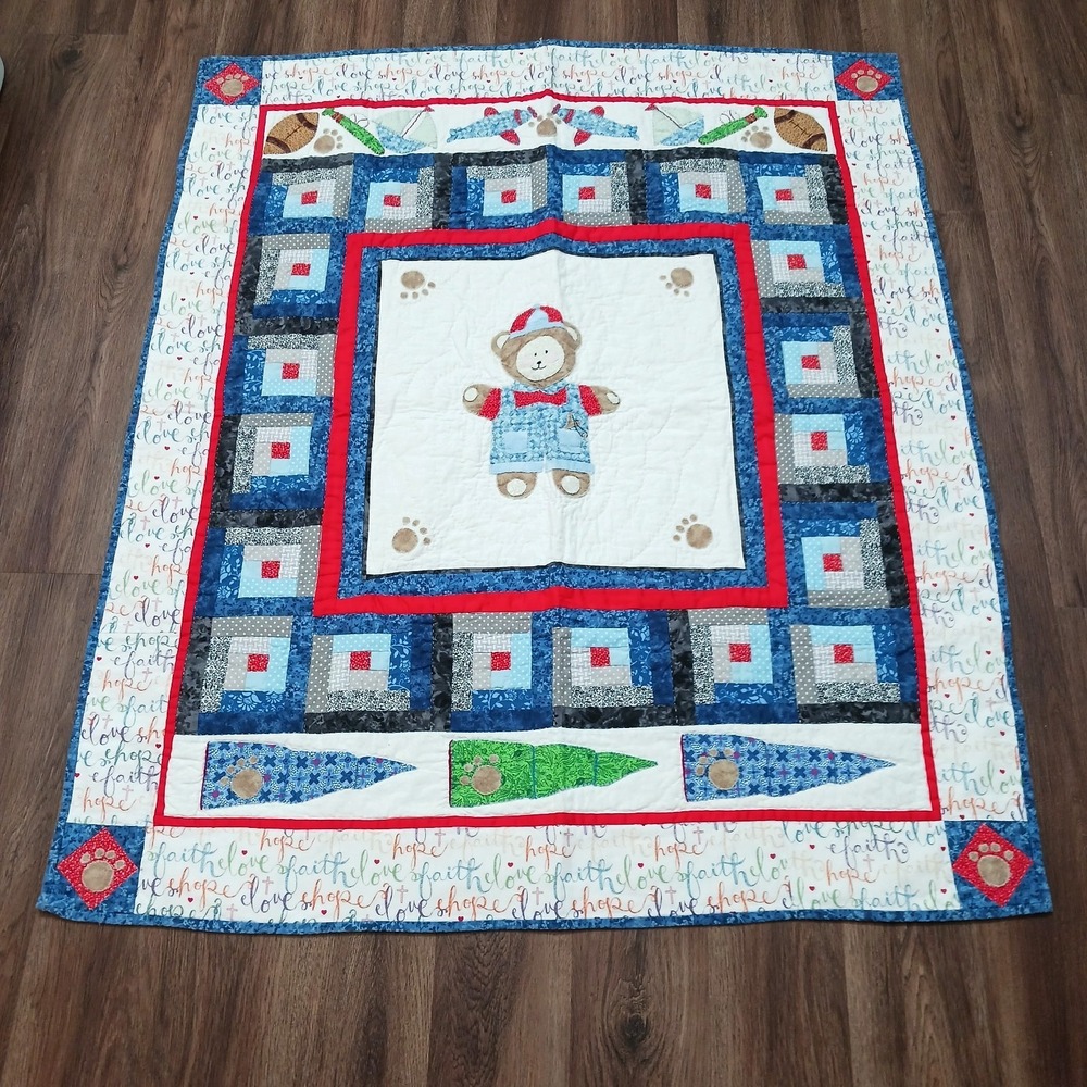 Handmade Baby Quilt Religious‎ Bear Boy 44" x 50"